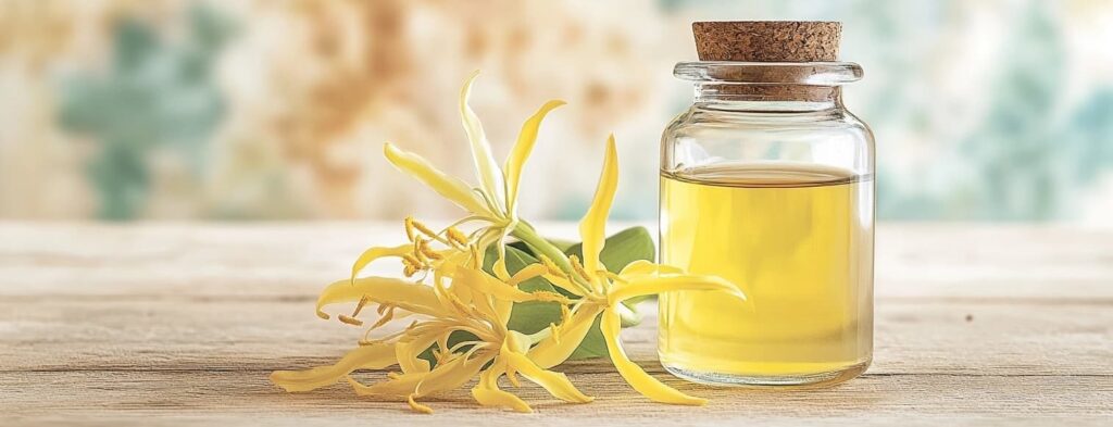 Flores de ylang ylang frescas junto a un frasco de aceite esencial para Reducir el Estrés